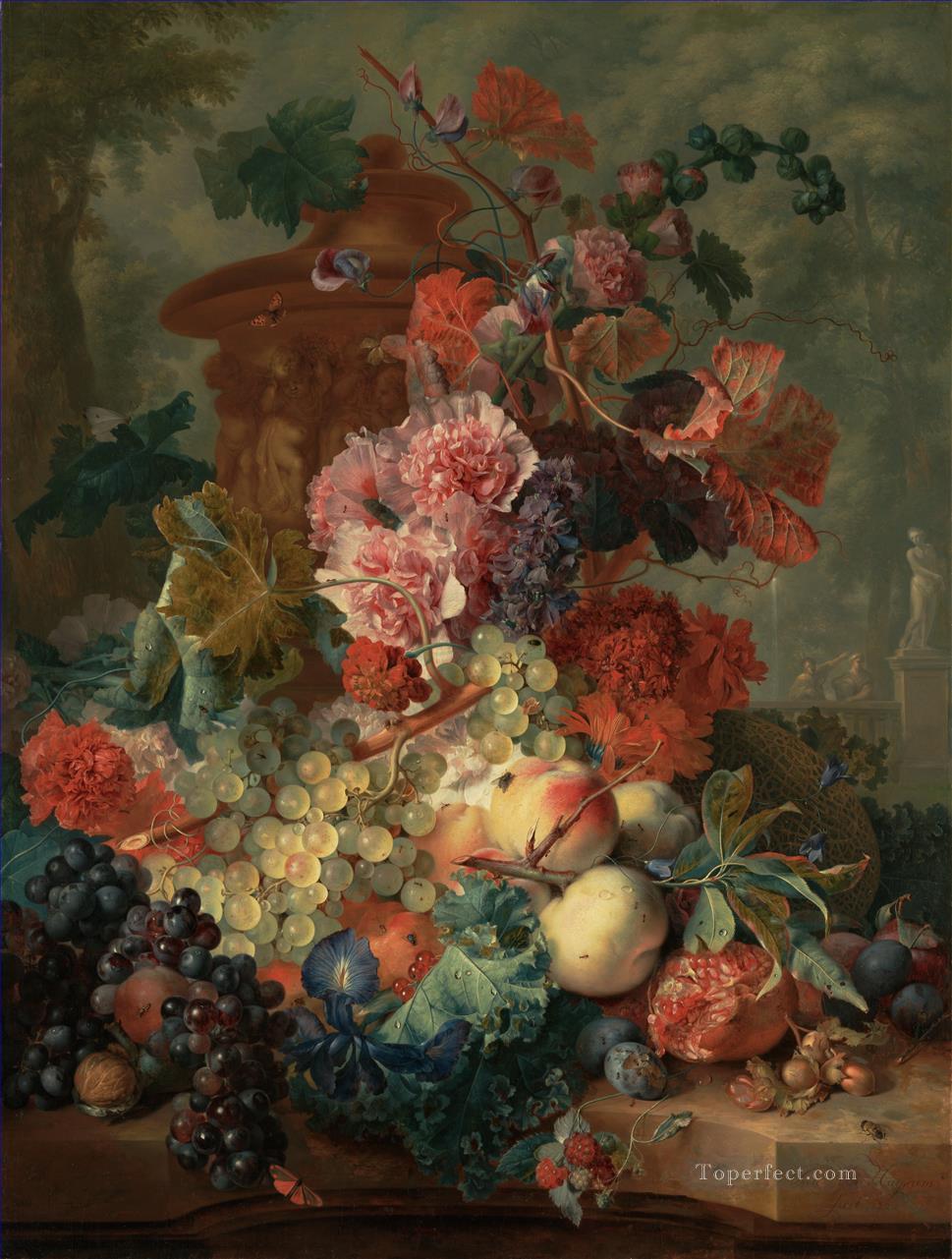 Pieza de fruta con esculturas de flores clásicas de Jan van Huysum. Pintura al óleo